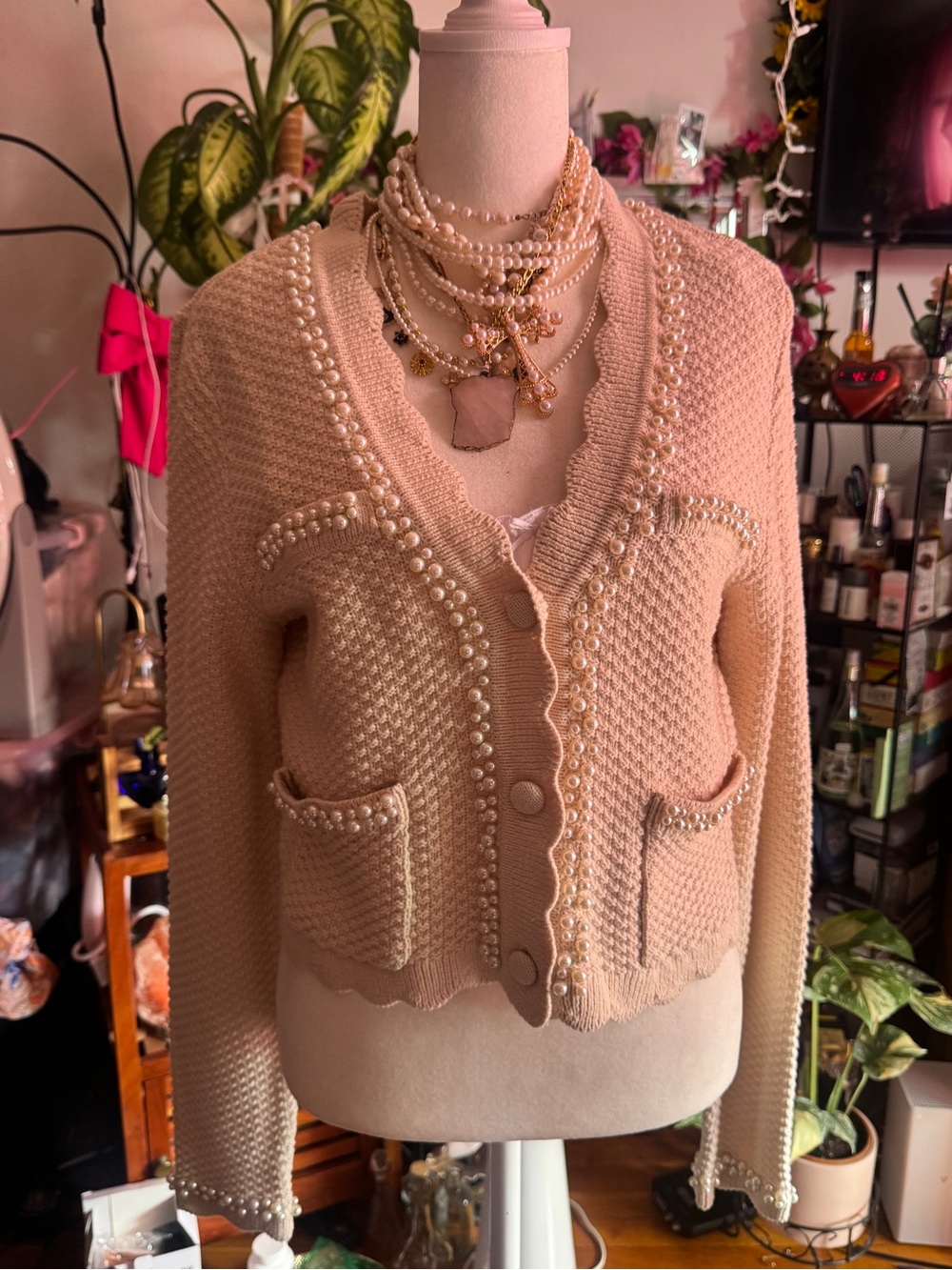 House of Harlow 1960 Pearl-Embellished Cream Knit Cardigan